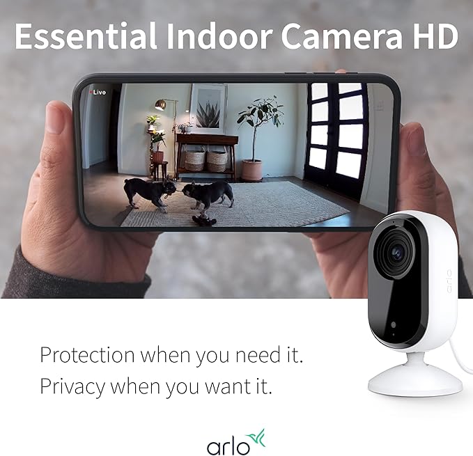 Arlo Essential Security Camera HD | Indoor Only | 2nd Gen | Pet Camera & Baby Monitor | Wired, Automated Privacy Shield, 2-Way Audio, Night Vision, Live Stream, Motion Alerts,Notifications|White 1 Cam