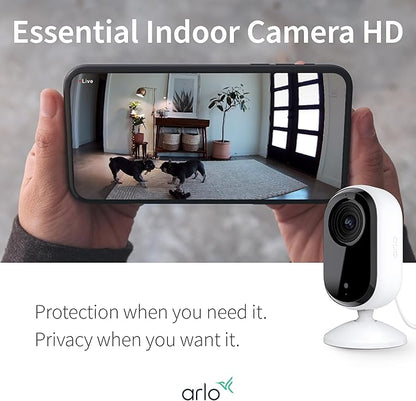 Arlo Essential Security Camera HD | Indoor Only | 2nd Gen | Pet Camera & Baby Monitor | Wired, Automated Privacy Shield, 2-Way Audio, Night Vision, Live Stream, Motion Alerts,Notifications|White 1 Cam