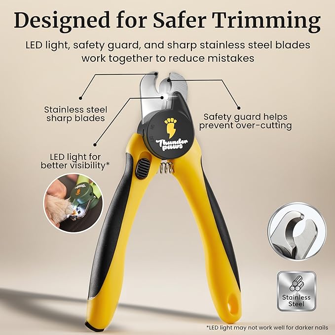 LED Dog Nail Clippers with Light, Trimmers with Protective Guard, Quick Sensor, Safety Lock and Nail File - Suitable for Large and Small Dogs & Cats (Yellow, LED)