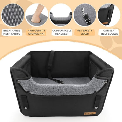 BONTHEE Elevated Dog Car Booster Seat for Dogs & Cats up to 35LB, 6-Inch Memory Foam Pet Booster Seat, Side Breathable Mesh,Portable Travel-Safe Bed for Cars,Elevated Car Seat for Small Medium Dogs