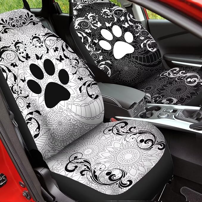 Car Front Seat Covers Full Set of 2, Boho Floral Paw Print Stretchy Waterproof Automotive Interior Accessories Universal Fit Most Vehicles