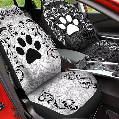 Car Front Seat Covers Full Set of 2, Boho Floral Paw Print Stretchy Waterproof Automotive Interior Accessories Universal Fit Most Vehicles