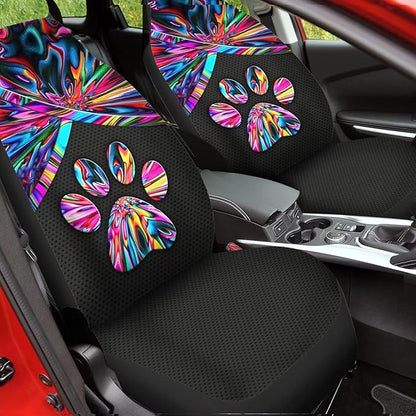 Universal Bucket Seats Cover Protector, 2 PCS Colorful Trippy Dog Paw Print Waterproof Durable Auto Interior Accessory for Car Truck SUV