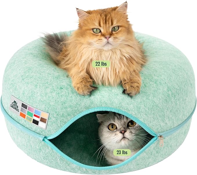 Cattasaurus Peekaboo Cat Cave Donut for Multiple & Large Cats up to 30-45 lbs, 3-in-1 Self Warming Cat Bed, Tunnel & Scratcher for Indoor Cats, Washable & Detachable Small Dog Bed (Sage Mist, Large)