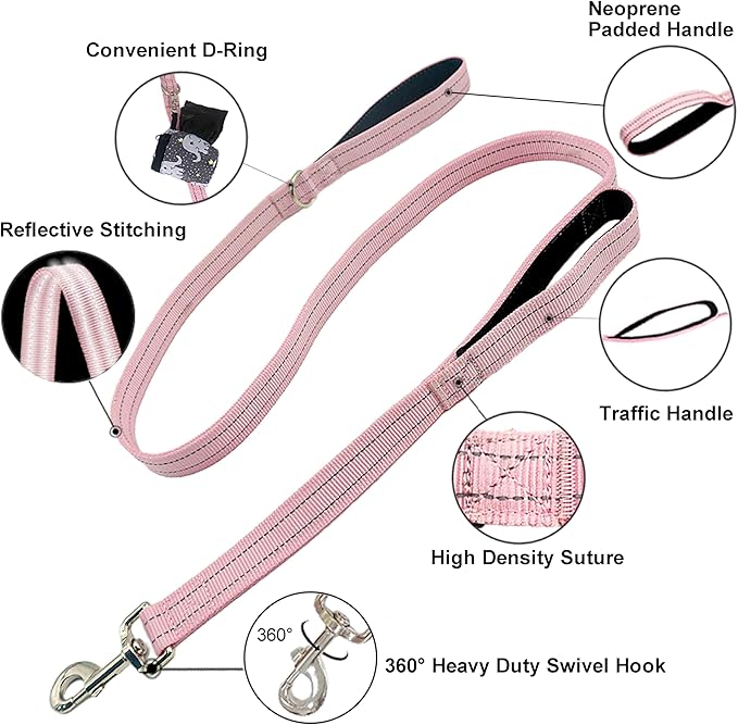 Dual Padded Handle Standard Dog Leashes with Reflective Stitching,360° Rotatable Heavy Duty Metal Buckle,D-Ring,Durable Nylon,for Medium Sized Dogs from 20 to 60 Pounds Walking and Training Pink 5Ft