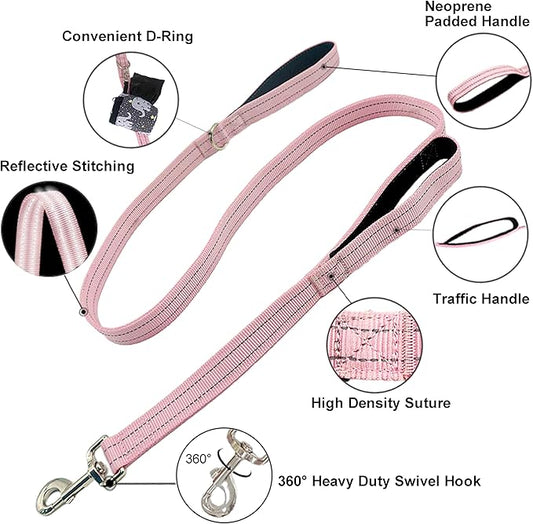 Dual Padded Handle Standard Dog Leashes with Reflective Stitching,360° Rotatable Heavy Duty Metal Buckle,D-Ring,Durable Nylon,for Medium Sized Dogs from 20 to 60 Pounds Walking and Training Pink 5Ft