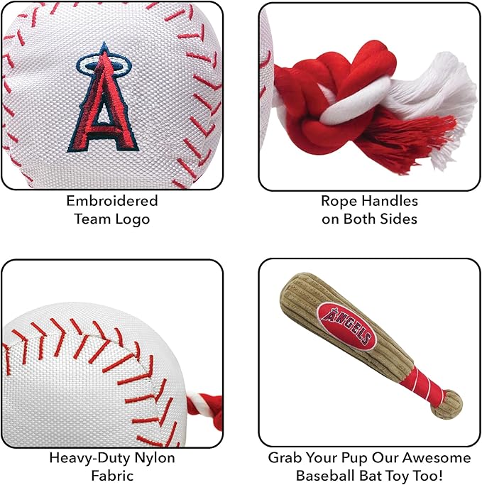 MLB LOS ANGELES ANGELS Baseball Rope Toy for DOGS & CATS. Tough nylon, Sporty Baseball Design, Heavy-duty ropes with Inner SQUEAKER