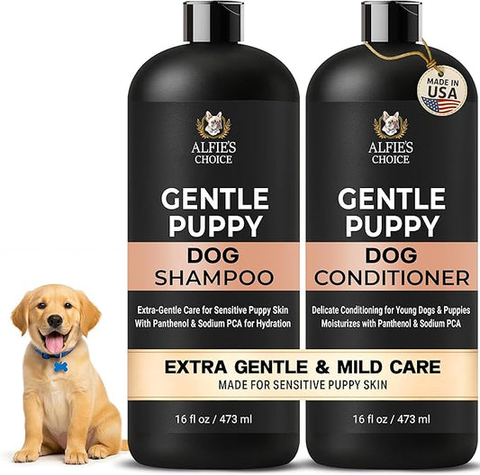 ALFIE'S CHOICE Puppy Shampoo and Conditioner Set | 16 fl oz Each | Gentle Formula for Sensitive & Itchy Skin | Panthenol & Sodium PCA | for Puppies, Adults & All Breeds | Made in USA