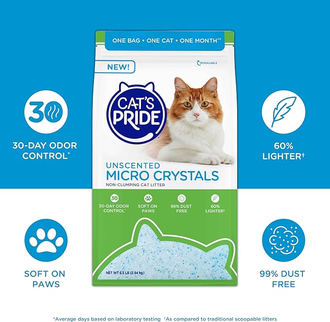 Cat’s Pride Micro Crystals Cat Litter, Non-Clumping, Unscented, 30-Day Odor Control, 99% Dust Free, Lightweight, Soft on Paws, 6.5lb Bag