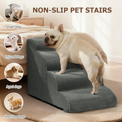 Dog Steps for Bed and Couch,4-Step Dog Stairs and Ramp for Small Dogs & Cats,Indoor Anti-Slip Pet Stairs for Old Cats and Puppy,Grey