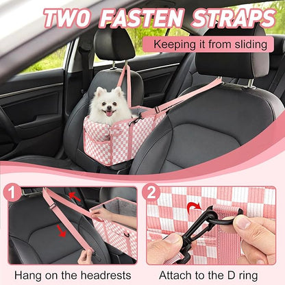 Portable Dog Car Seat for Small Dogs - Pet Booster Seat with Safety Leash & Anti-Collapse Design, Washable Cushion - Center Console Car Travel Carrier for Pets Up to 12 lbs, Pink Checkered