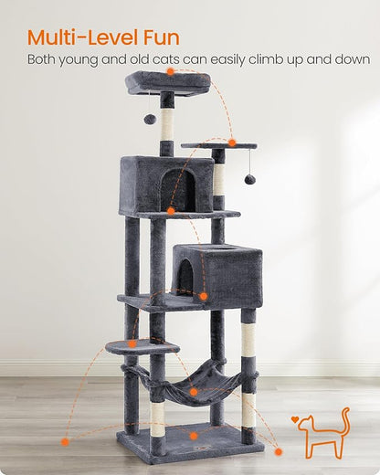 Feandrea Cat Tree, 73.2-Inch Tall Cat Tower, Plush Multi-Level Condo with 5 Scratching Posts, 2 Perches, 2 Caves, Hammock, 2 Pompoms, Smoky Gray UPCT191G01
