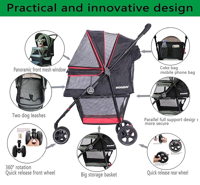 ROODO Escort 3 Wheel Dog Cat Pet Stroller for Small/Medium Dogs Cats Best Lightweight Foldable Portable Compact Jogger Travel All Terrain Pet Gear System Puppy Doggie Bunny Kitty Stroller(Black)