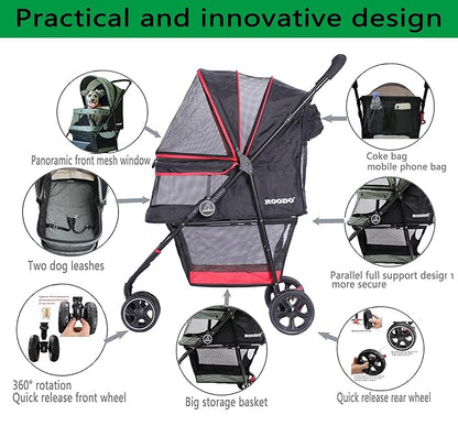 ROODO Escort 3 Wheel Dog Cat Pet Stroller for Small/Medium Dogs Cats Best Lightweight Foldable Portable Compact Jogger Travel All Terrain Pet Gear System Puppy Doggie Bunny Kitty Stroller(Black)