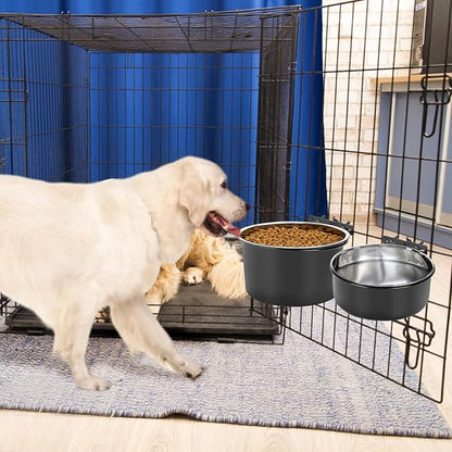 2 Pcs Large Dog Food Water Bowl for Cage with Upgraded Clamp Holder, Black Pet Kennel Hanging Bowls Stainless Steel Non-Spill Detectable Bowls Crate Feeder Dish for Large Dogs (7x3.7''& 6.3x2.5'')