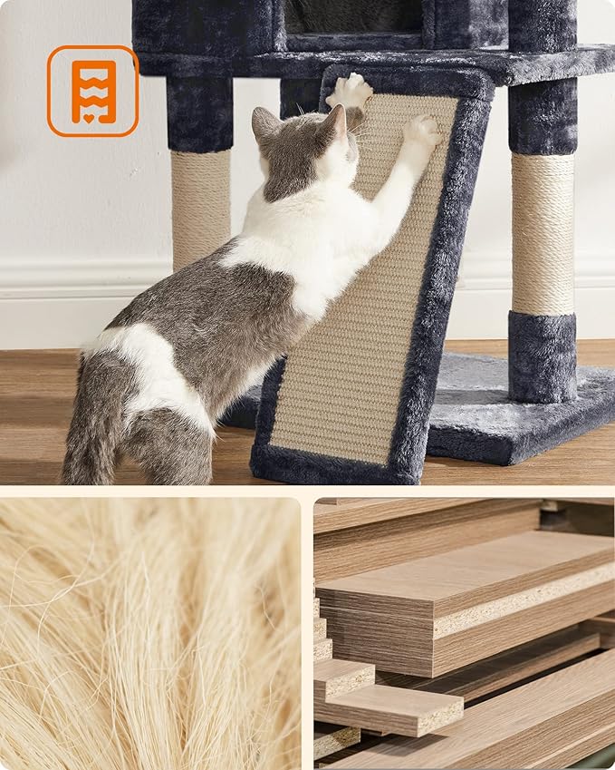 Feandrea Cat Tree, 45.3-Inch Cat Tower, Plush Condo with Scratching Post, Ramp, Perch, Spacious Cave, for Small Space, Smoky Gray UPCT141G01
