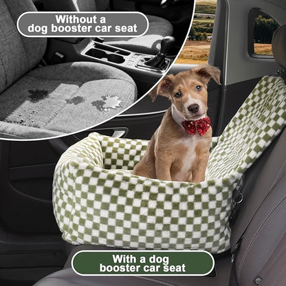 Dog Car Seat for Small Dogs,Medium Dog Car Bed with Detachable Washable Cover,Pet Puppy Booster Cars Seats with Safety Belt Up to 30 lbs(Grid Green)