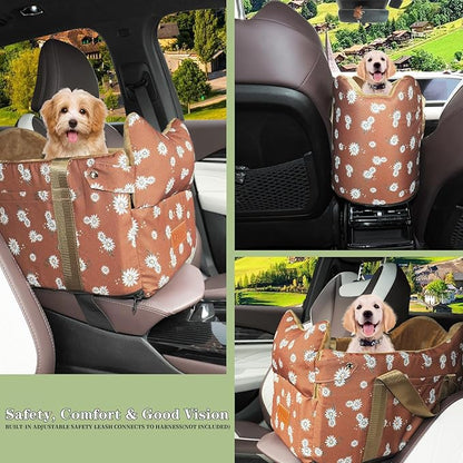 Cullaby Center Console Small Dog Car Seat Portable Puppy Booster Armrest Carseat, Anti-Collapse Comfort Car Travel with Washable Fluffy Cushion and Pillow (Coffee Color, Extar Small armrest lid)