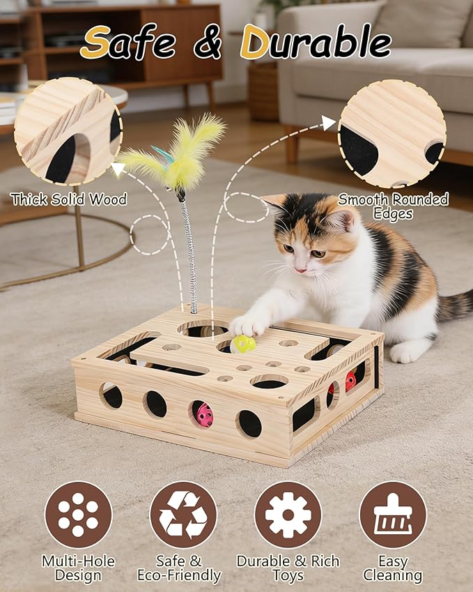 Cat Toys for Indoor Cats - Interactive Box Puzzle Toy Nail File Scratcher Hunting Play Toy with 3 Jingle Balls & 1 Feather Wand, Wooden Puzzle Treat Toy Box Energize Cat Instincts for Bored Cats