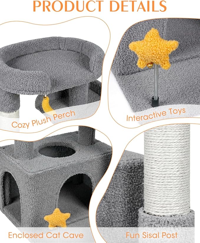 32In Cute Cat Tower for Indoor Cats with Cat Condo, Plush Platform, Hammock, Sisal Scratching Posts, Dangling Ball, Tall Cat Tree Tower with Self-Grooming Brush (Light Grey)