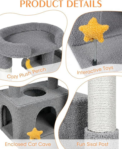 32In Cute Cat Tower for Indoor Cats with Cat Condo, Plush Platform, Hammock, Sisal Scratching Posts, Dangling Ball, Tall Cat Tree Tower with Self-Grooming Brush (Light Grey)