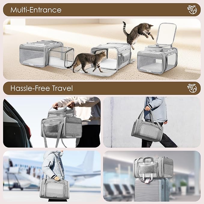 Top and 2 Sides Expandable Cat Carrier 18x13.5x9.5, TSA Airline Approved Dog Carriers for Small Dogs, Soft-Sided Pet Carrier with Self-Locking Zippers for Kitten,Rabbit, Puppy, Guinea Pig Grey