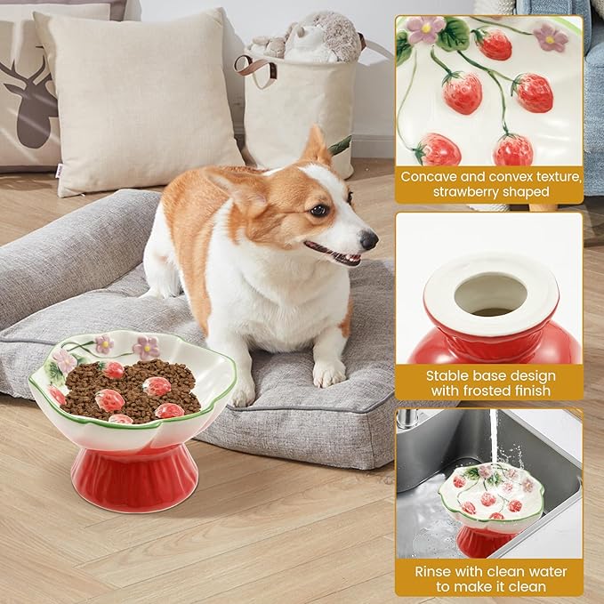 Raised Slow Feeder Cat Bowl, Ceramic Elevated Small Cat Food Bowl, 15°Titled Food Bowls Small Dogs Slow Feeder, Strawberry Shaped Cute Pet Dish for Dry and Wet Foods(Pink)