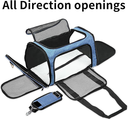 Soft-Sided Cat/Dog/Pet Carrier, Collapsible Pets Travel Carriers for Big Cats/Small Dogs with Shoulder Strap & Removable Mat, Mesh Puppy Carry Bag, Up to 16 Lbs, TSA Airline Approved(Blue)