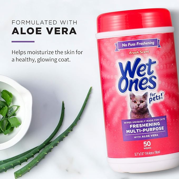 Wet Ones for Pets Freshening Multipurpose Wipes for Cats with Aloe Vera, Fresh Scent - Easy to Use Cat Cleaning Wipes for Pet Grooming in Canister, 50 Count - 12 Pack