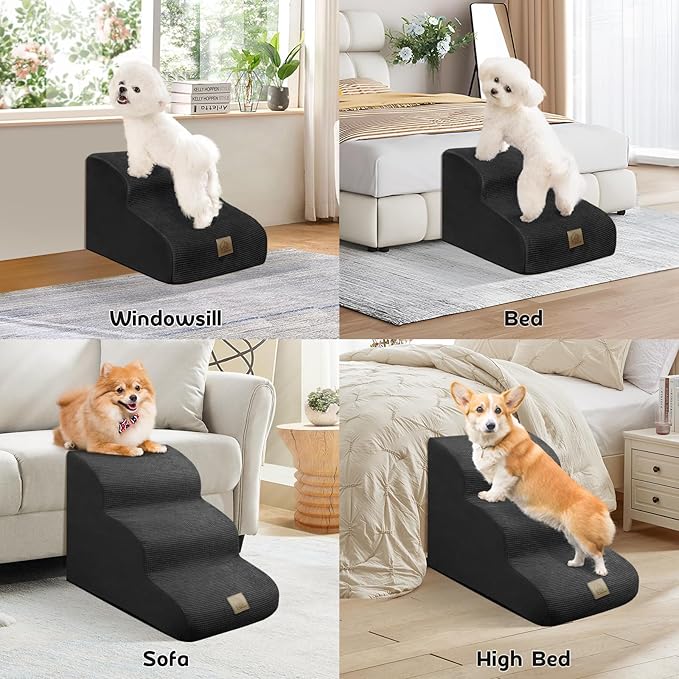 Mestuel Dog Stairs for Couch Bed Sofa, 3-Tiers Dog Stairs Ramp for Small Old Dogs Cats, Pet Stairs Steps with Gentle Slope &Non Slip Bottom/Machine Washable Cover, Black