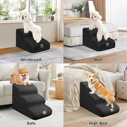 Mestuel Dog Stairs for Couch Bed Sofa, 3-Tiers Dog Stairs Ramp for Small Old Dogs Cats, Pet Stairs Steps with Gentle Slope &Non Slip Bottom/Machine Washable Cover, Black