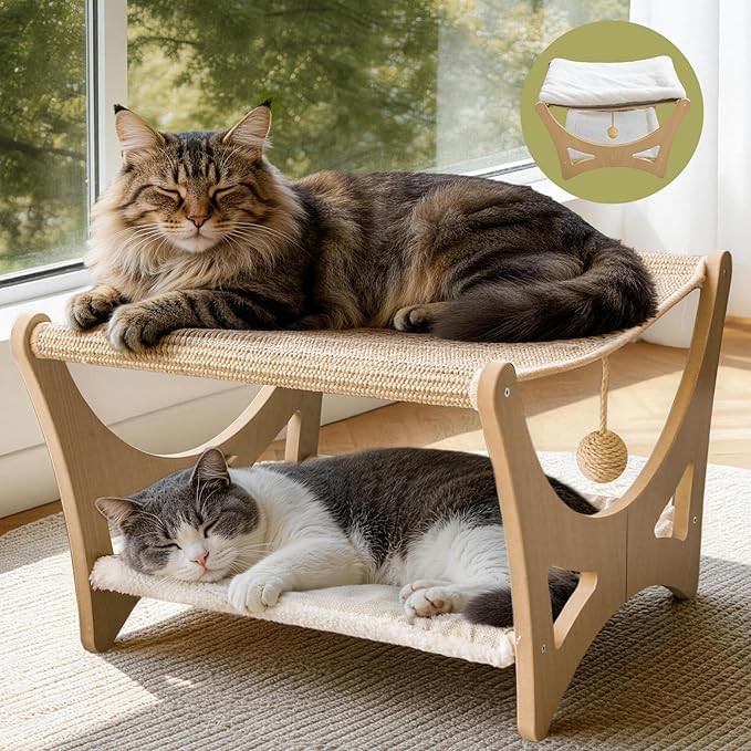 Double-Layer Cat Hammock Bed, Wooden Elevated Cat Beds with Natural Sisal Scratching Mat, Cats Scratcher Bed with Removable Soft Cushion, Cats Scratching Beds with Wood Frames