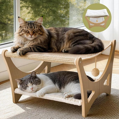Double-Layer Cat Hammock Bed, Wooden Elevated Cat Beds with Natural Sisal Scratching Mat, Cats Scratcher Bed with Removable Soft Cushion, Cats Scratching Beds with Wood Frames