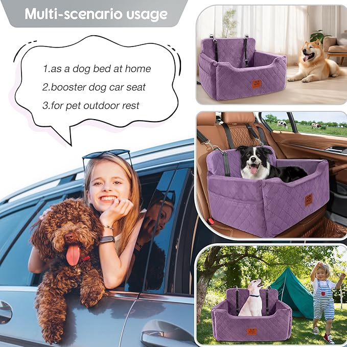 GL GLENSLAVE Dog Car Seat for Medium/Large Dogs, Dog Booster Seat for Pet Under 50lbs or 2 Small, Detachable and Washable Pet Car Seat,Multi-Functional Pet Travel Bed for Backseat(Purple)