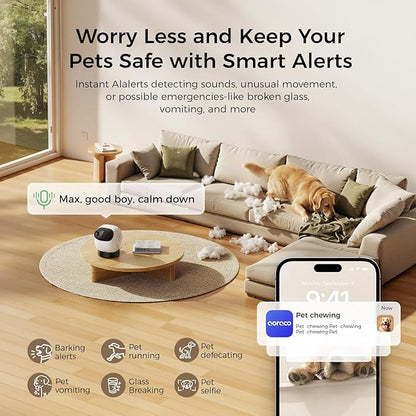 3K Pet Camera Treat Dispenser, 32ft Remote Tossing for Dogs & Cats – Reduces Separation Anxiety, 360° View, Security Indoor Cam w/Phone App, Barking Alerts, No Subscription, 2.4&5G WiFi