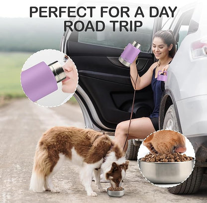 KEWIXY Insulated Dog Travel Water Bottle with Detachable Bowls, 3 in 1 Portable Dog Water Bottle Dispenser, Dog Accessories for Walking, Hiking, Camping, Outdoor (Lavender, 32 Oz)