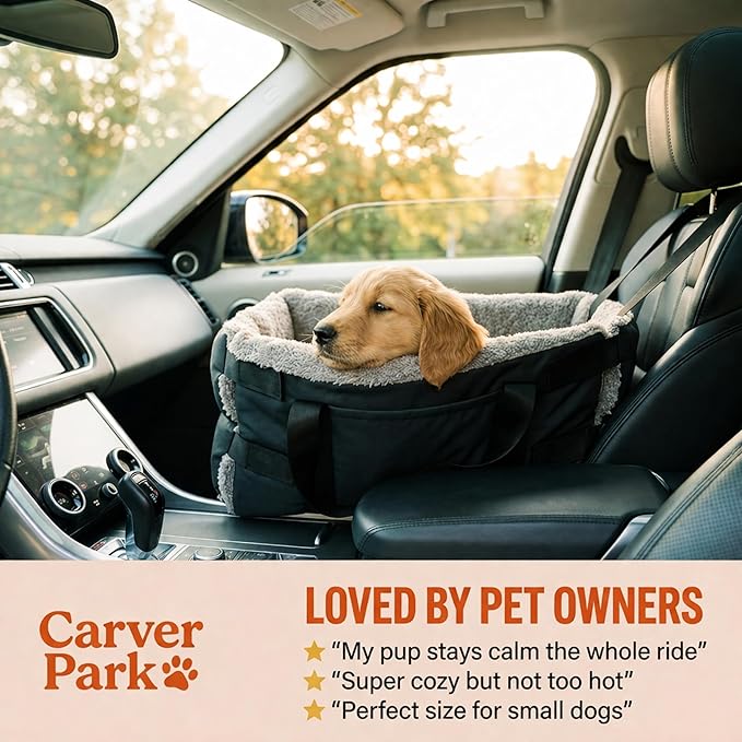 Center Console Dog Seat for Small Dogs & Cats | Pet Car Seat with Safety Strap & Cushion | Portable Middle Console Dog Bed | Secure Travel Booster Seat by Carver Park