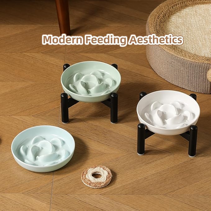 Elevated Slow Feeder Cat Bowl - Melamine Cat Food Plate with Anti-Slip Metal Stand - Raised Maze Dish for Slow Eating - Ivory White