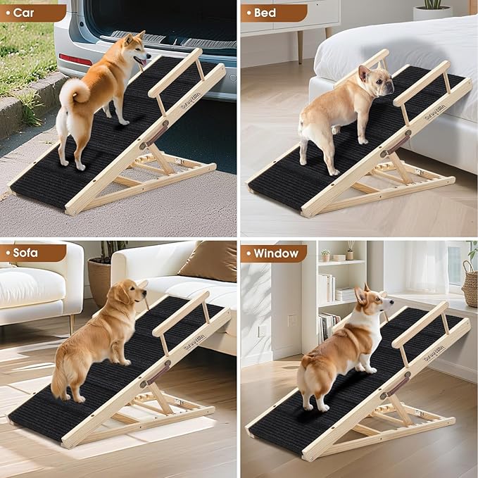 Dog Ramp for Bed - Foldable Small to Large Dog Ramp for Couch - 6 Adjustable Height from 12" to 24" - High Traction Mat & Safety Side Rails - Wooden Ramp for Dogs to Get on Bed Couch Car Up to 200LBS