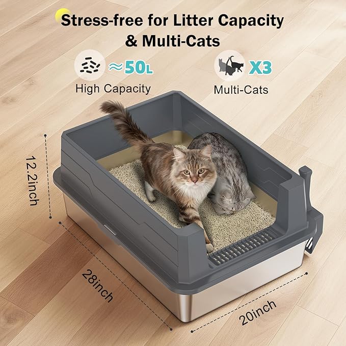 Stainless Steel Litter Box Extra Large for Big Cats Multi-Cats, Jumbo Extra Large Metal Cat Litter Box with High Sided Lid, Anti-Urine Leakage, Non-Stick,Include Litter Scoop