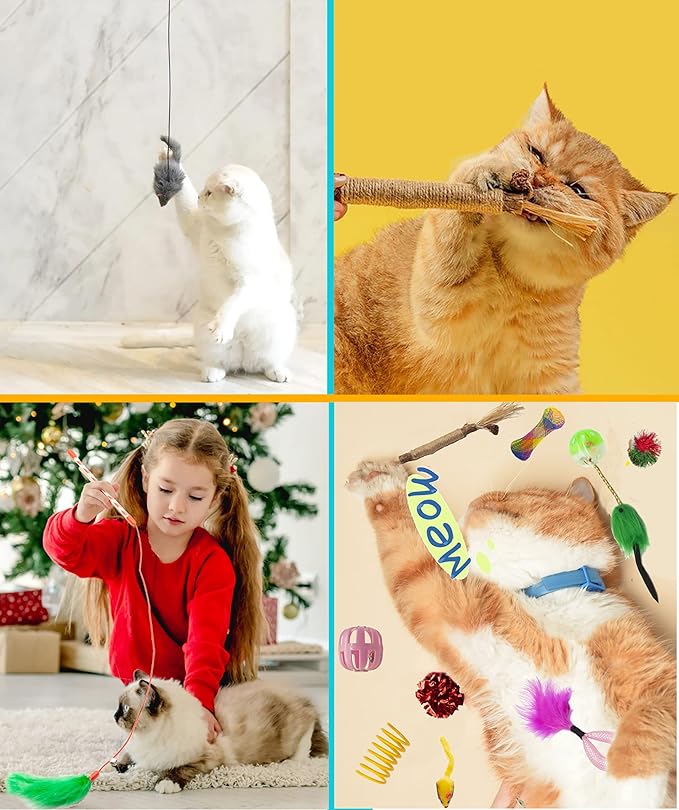 Fashion's Talk Cat Toys 50 Pcs for Indoor Cats,Interactive Door Hanging Mice Feather Toy Cat Spring Toy Cat Wand Catnip Crinkle Balls Silvervine Stick