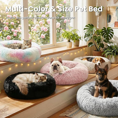Love's cabin Calming Cat Bed for Indoor Cats, Anti-Anxiety Donut Round Dog Bed, Fluffy Faux Fur Washable Pet Bed for Small Medium Dogs and Cats,Grey,20in