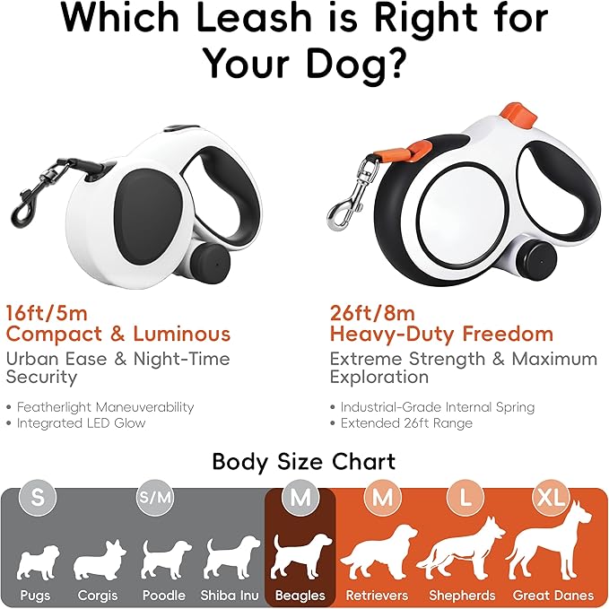 26Ft Heavy Duty Retractable Dog Leash with Dispenser and Poop Bags, for Small, Medium & Large Dogs Up to 110Lbs, 360° Tangle-Free Design and a Durable Chrome Plated Hook