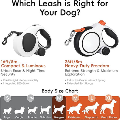 26Ft Heavy Duty Retractable Dog Leash with Dispenser and Poop Bags, for Small, Medium & Large Dogs Up to 110Lbs, 360° Tangle-Free Design and a Durable Chrome Plated Hook