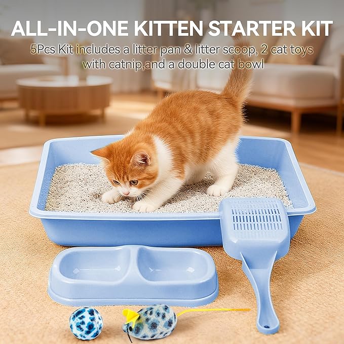 PAWISE Cat Litter Box Set, Small Cat Kitten Starter Kit, Includes Cats Toilet Kitten Litter Pan with Litter Scoop, Double Dish Cat Bowl, Kittens Mouse and Ball Toy