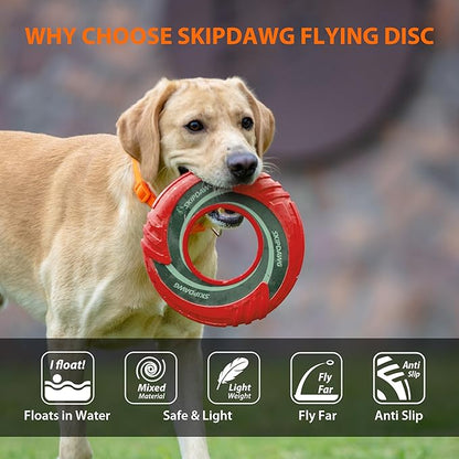 SKIPDAWG Interactive Dog Tug Toy, Dog Flying Disc Floats in Water to Keep Them Busy, Outdoor Pet Toys for Dogs Exercise Training Safe Light TPR/Nylon Fabric, Diameter 9 Inch Red Color