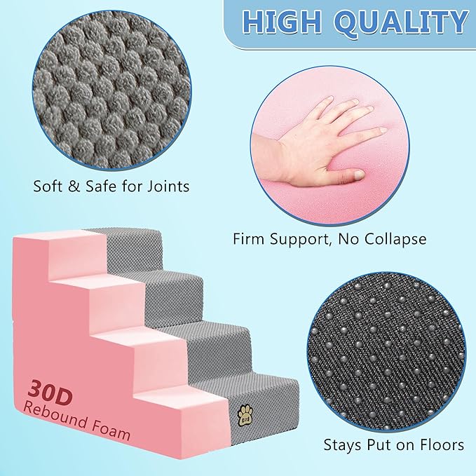 Dog Stairs Pets Steps 4 Gray Pet Ladder for Sofa Couch and Bed Made of High Density Sponge Stairs with Removable Washable Cover Non-Slip Base 18" H