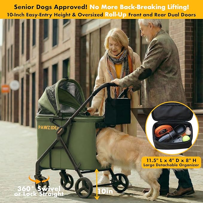 PAWZIDEA Large Dog Stroller up to 80 lbs, No-Zip 180° Reversible Canopy Lockable, Lightweight Pet Stroller for 2 Medium Dogs, One-Hand Foldable, Low-Entry, All-Terrain Jogger Wheels, Storage Organizer