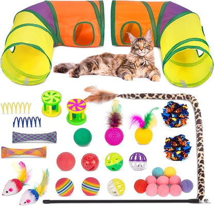 Retro Shaw 33Pcs Cat Toys, Large Cat Tunnels with Toys, Interactive Kitten Toys for Indoor Cats Kitty, Collapsible Cat Tube Tent Feather Wand Teaser Bell Fuzzy Ball Crinkly Springs Mouse