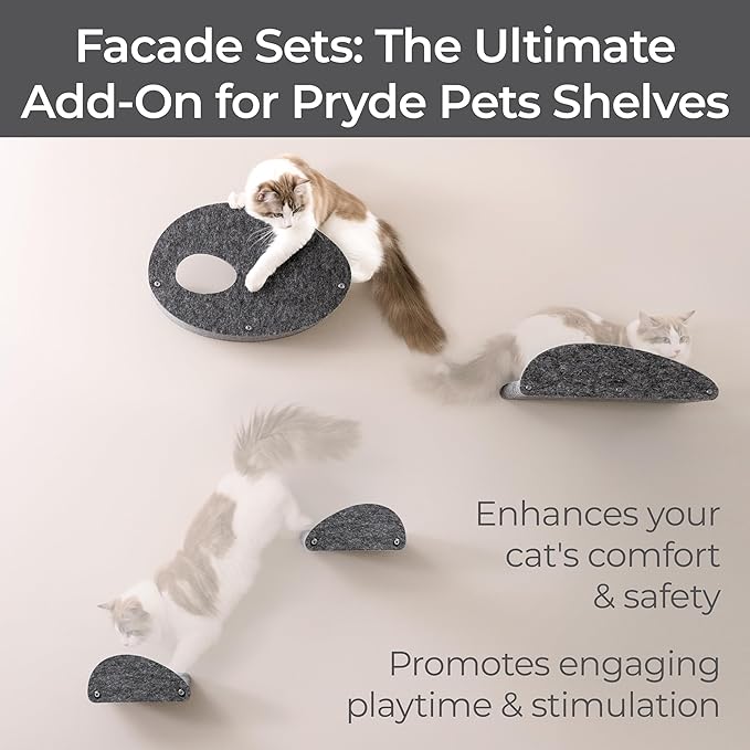 Accessory ADD-ON Set of 4 Facades Covers Compatible with Cat Wall Shelves by Pryde Pets - 100% Sustainable PET Felt - Climbers Sold Seperately - Cats Shelf Privacy and Safety Bumpers (Charcoal)